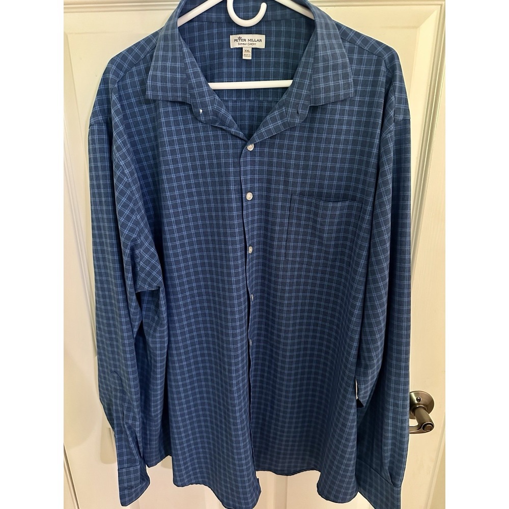 Peter Millar summer comfort button Up down XXL Blue Plaid Long Sleeve Shirt